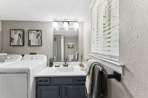 a bathroom with a sink and a mirror and a window